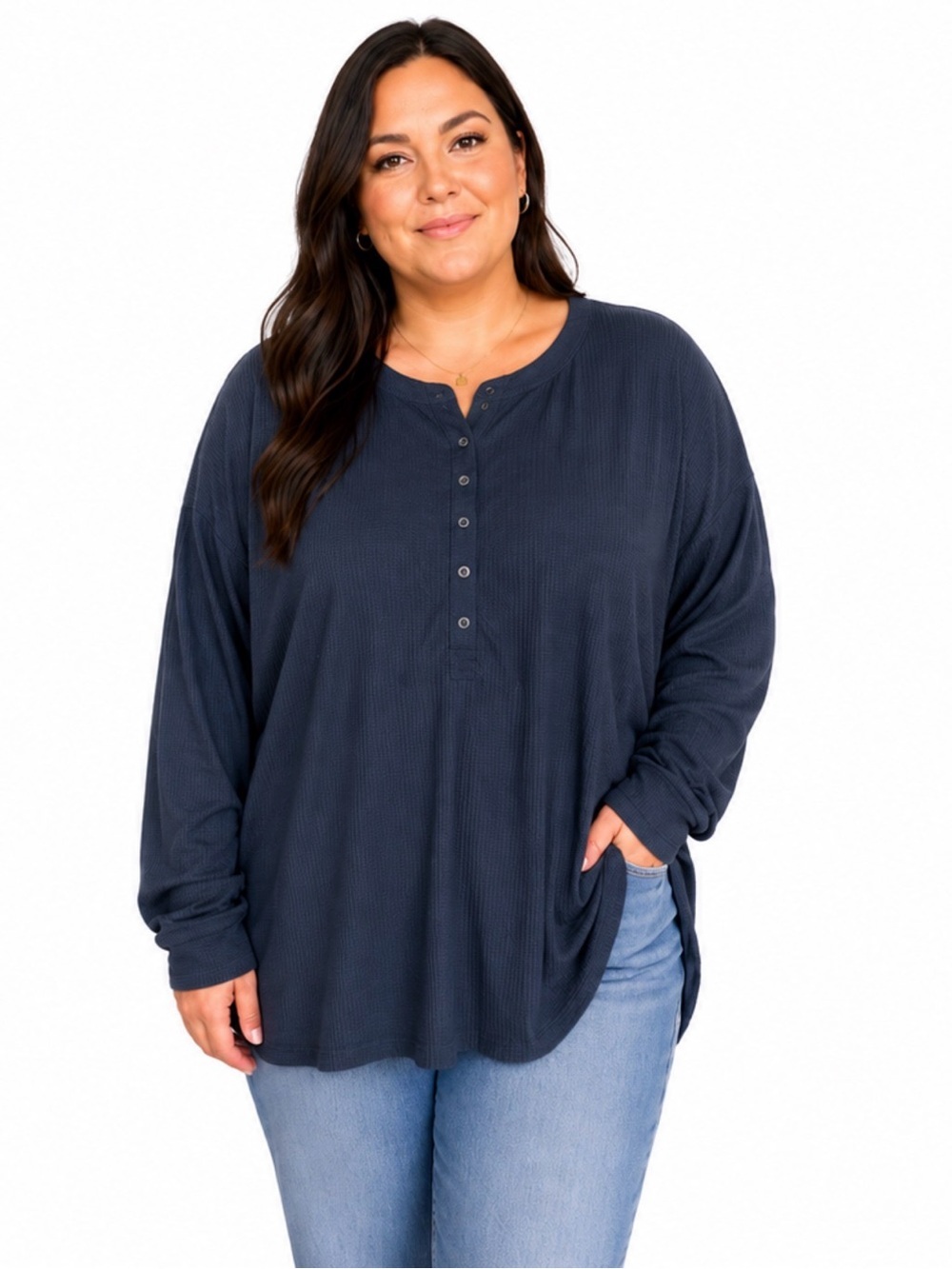 aerie Henley Top and Leo & Nicole Long-Sleeve Scoop Top in Slate Blue - Picture 5 of 7